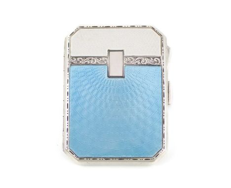 A silver and enamel cigarette case,by Joseph Gloster Ltd, Birmingham 1932,rectangular form with canted corners, the hinged co