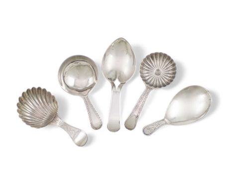 A collection of five George III silver caddy spoons,comprising: one by Hester Bateman, London circa 1783, shell-shaped bowl w