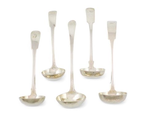 A collection of five antique Scottish provincial silver toddy ladles,Fiddle and Old English Point patterns, one with a crest,
