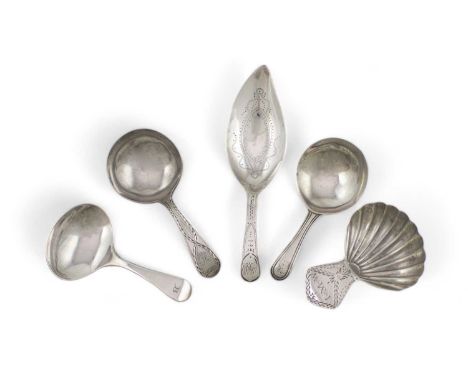 A collection of five George III silver caddy spoons,comprising: one by Thomas Wallis II, London 1806, leaf-shaped bowl with e