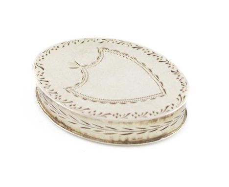 A George III silver patch box, by Joseph Taylor, Birmingham 1795, oval form, engraved border, with a central shield cartouche
