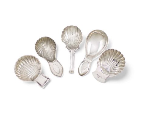 A collection of five George III silver caddy spoons,comprising four Sheffield-made examples: one by Tudor &amp; Leader, 1786,