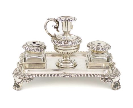 A William IV silver inkstand,Henry Wilkinson &amp; Co, Sheffield 1833,rectangular form with a scroll gadroon foliate border, 