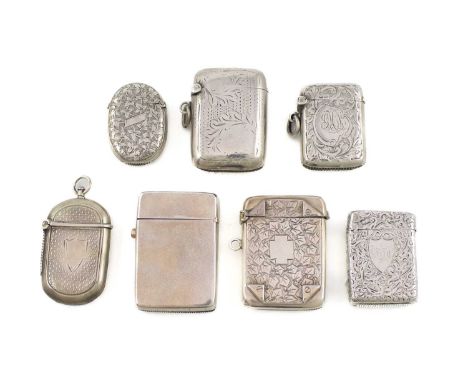 A collection of seven silver vesta cases, various dates and makers, comprising: one with engraved decoration with turned-over