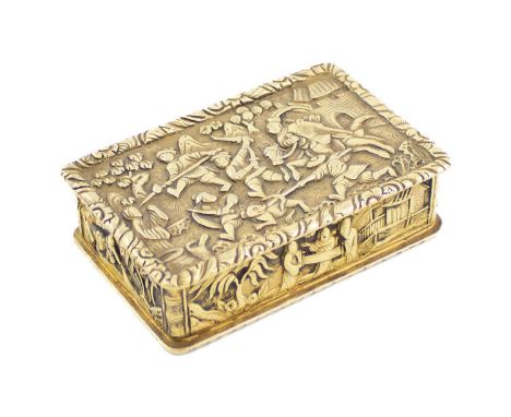 A 19th century Chinese silver-gilt snuff box,marked with an unidentified mark,rectangular form, chased with figural scenes in