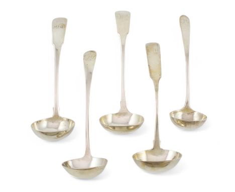 A collection of five antique Scottish provincial silver toddy ladles,Fiddle and Old English Point patterns, the terminals wit