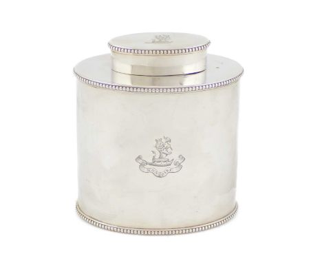 A George III silver tea caddy,by William Vincent, London 1781,plain oval form with beaded borders, engraved crest to the body