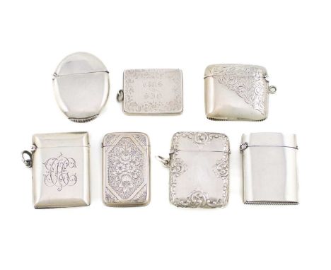 A collection of seven silver vesta cases, various dates and makers, comprising: one of ovoid form, Birmingham 1888, three wit