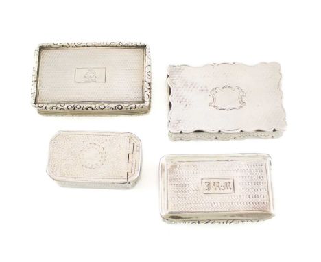 A collection of antique silver snuff boxes,rectangular form with engine-turned or engraved decoration, comprising: a George I