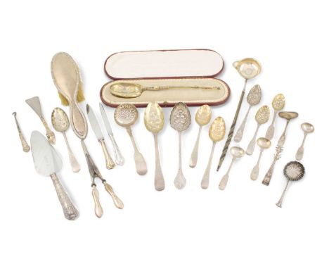 λ A mixed lot of silver flatware,comprising: a large silver-gilt Coronation anointing spoon, by Samuel Smith, London 1901, in