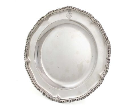 A George III silver dinner plate,by Francis Butty &amp; Nicholas Dumee, London 1769,circular form with a gadroon border, engr