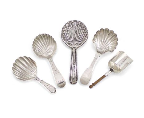 A collection of five George III silver caddy spoons,comprising: one by Thomas Watson, Newcastle circa 1795, Fiddle stem with 