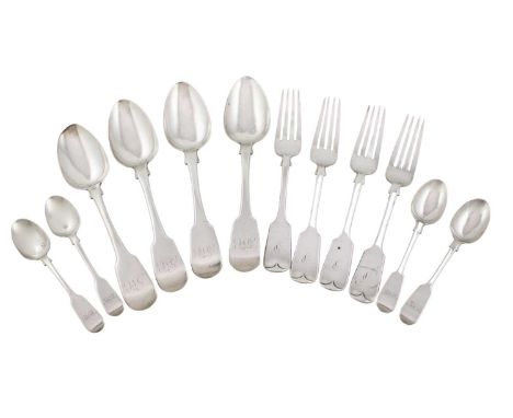A collection of Victorian silver Fiddle pattern flatware,various dates and makers,comprising: a set of six Irish silver teasp