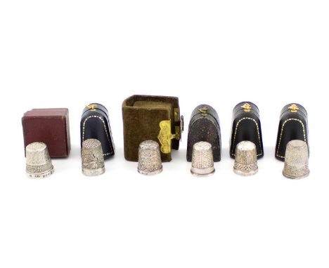A collection of six cased silver thimbles,various dates and makers,comprising: one celebrating Queen Elizabeth's Coronation, 