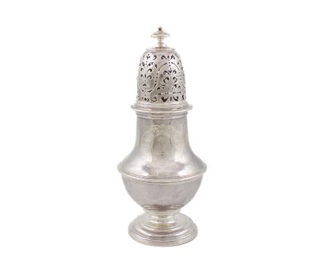 A George I silver sugar caster, by Thomas Farren, London 1725, baluster form, pull-off cover with pierced scroll decoration a
