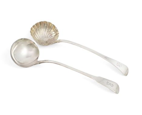 A George III silver Fiddle pattern soup ladle,by William Chawner, London 1818,oval bowl, the terminal initialled, plus a Geor