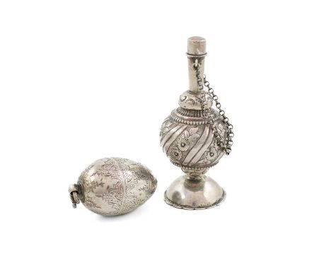 A continental silver two-section pomander/spice box,unmarked, probably 18th century,egg form, with two sections, engraved dec