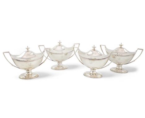 A set of four George III silver sauce tureens and covers, by William Fountain, London 1798, oval form, reeded scroll handles,