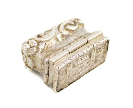 A Victorian silver 'castle-top' bag vinaigrette, Windsor Castle, by J.Tongue, Birmingham 1847, rectangular bombe form, chased