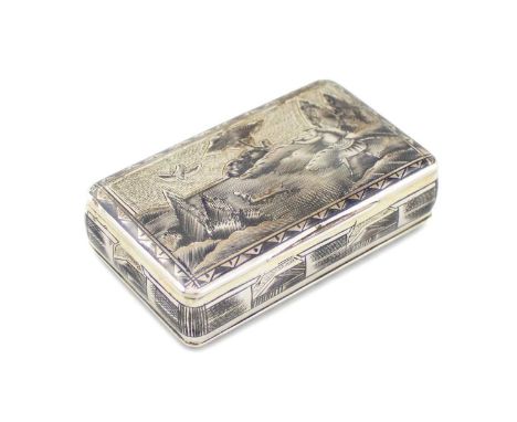 A 19th century Russian silver and niello snuff box,maker's mark OE, Moscow 1858,rectangular form, the hinged cover decorated 