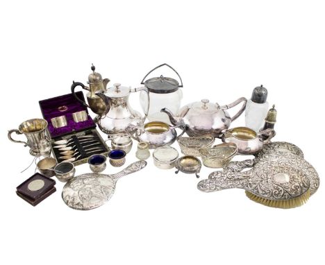 A mixed lot,comprising silver items: a William IV mug, London 1836, a hot water pot, Birmingham 1903, a cased pair of napkin 