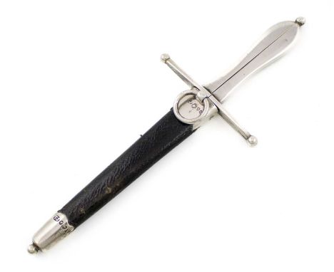 A pair of Victorian novelty silver scissors,by Thomas Johnson, London 1874,in the form of a dagger, with a silver mounted lea