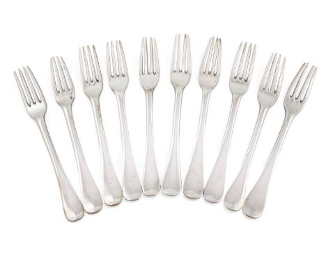 A set of ten 18th century silver Hanoverian pattern table forks, marks worn,  the reverse of the terminals with a crest, appr