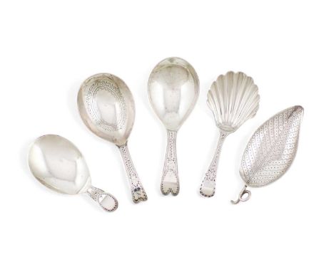 A collection of five George III silver caddy spoons,comprising: one by Elizabeth Morely, London 1798, leaf shape form with en