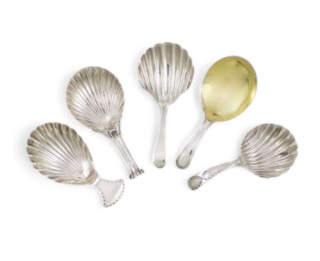 A collection of five George III silver caddy spoons,comprising: one by George Smith &amp; William Fearn, London 1792, bifurca