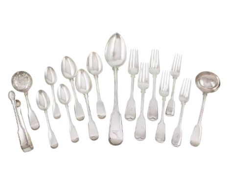 A collection of antique silver Fiddle and thread flatware,various dates and makers,comprising: a set of five Victorian table 