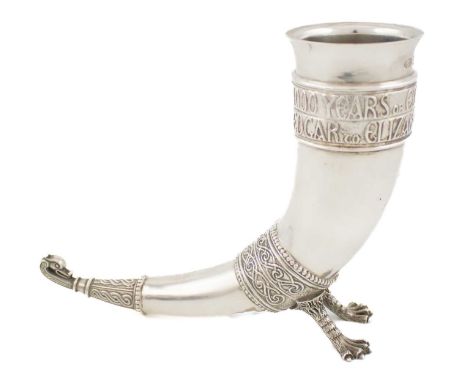 By A. E. Jones, a commemorative silver horn drinking cup,Birmingham 1972,modelled after a Saxon drinking horn, stamped A.D 10