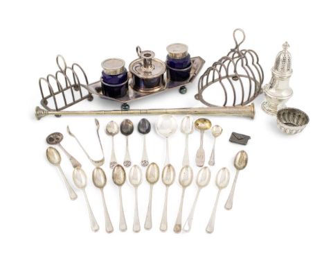 A mixed lot,comprising silver items: a candle extinguisher modelled as a hunting horn, by Harman and Co., London 1932, a suga