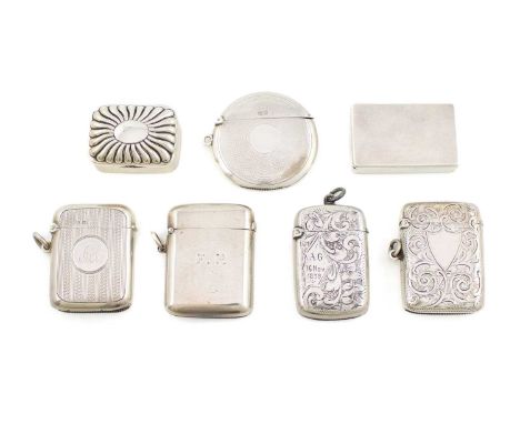 A collection of seven silver vesta cases/boxes, various dates and makers, comprising: a Victorian one, London 1879, rectangul
