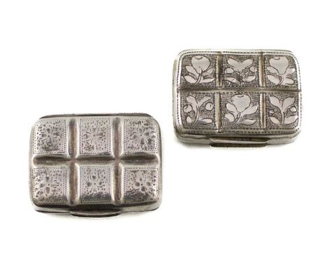 Two George III silver vinaigrettes,by Lawrence and Co., Birmingham 1813 and 1816,rectangular bale form, engraved foliate deco