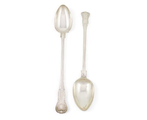 A pair of George III silver King's Hourglass pattern basting spoons, by Paul Storr, London 1812, the terminals with a crest a