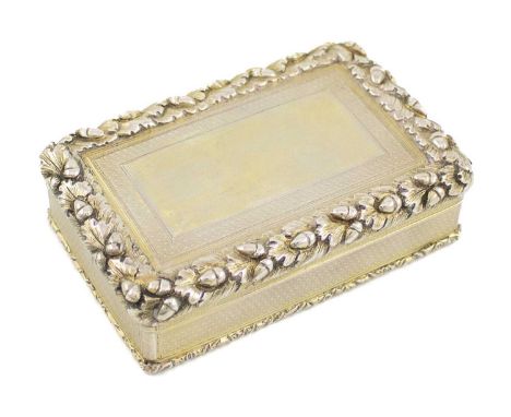 A Victorian silver-gilt snuff box, by Thomas Edwards, London 1853, rectangular form, engine-turned decoration, chased acorn b