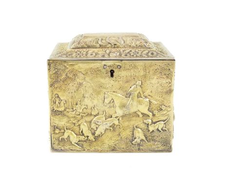 A George IV silver-gilt double tea caddy, by Samuel Dutton, London 1826, rectangular form, the front and back embossed and ch