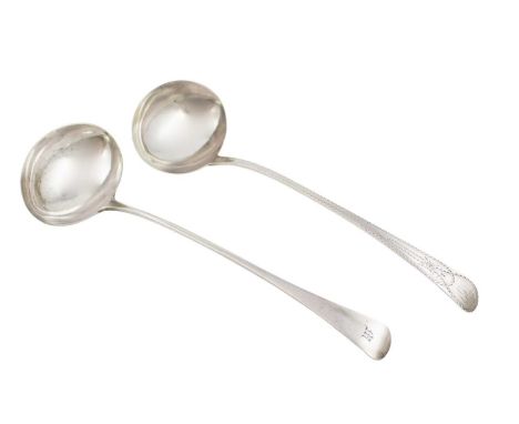 A George III silver Bright-cut pattern soup ladle,by George Smith, London 1784,oval bowl, the terminal initialled, plus a Geo