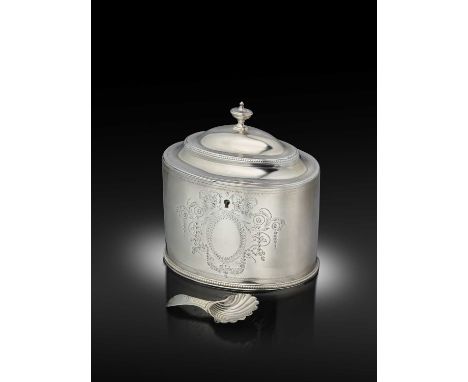 A rare George III duty draw-back silver tea caddy, by Hester Bateman, London 1784, oval form with beaded borders, a lockable 
