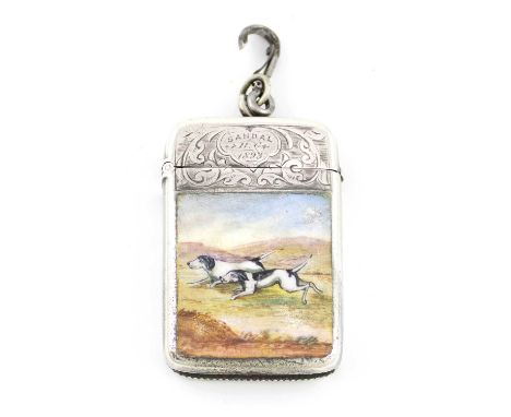 A late-Victorian silver and enamel vesta case,by Edward J Carnelly, Birmingham 1892,rectangular form, engraved foliate scroll