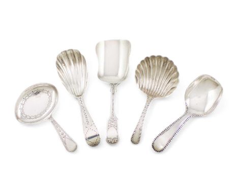 A collection of five George III silver caddy spoons,comprising: one by George Smith, London 1798, spade-formed bowl with an e