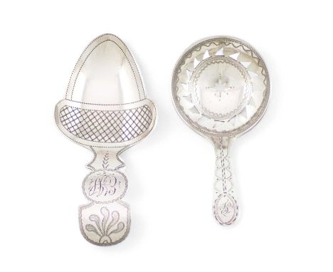 A George III silver caddy spoon,by George Brasier, London 1798, pierced circular bowl with Bright-cut decoration, plus a Geor