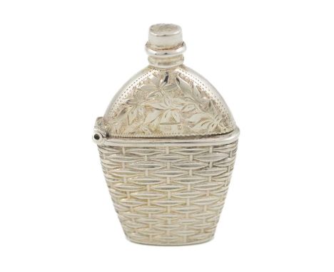 A late-Victorian novelty silver vesta case, probably by Adie and Lovekin, Birmingham 1895, modelled as a flask in a basket, e