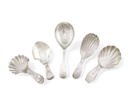 A collection of five George III and George IV silver caddy spoons,comprising: one by Hester Bateman, London 1786, shell-shape
