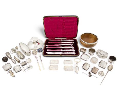 A mixed lot of silver items,various dates and makers,comprising: a silver-mounted mazer bowl, an inkwell, a pair of salt cell