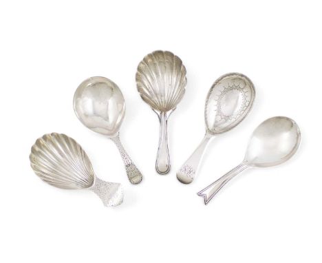 A collection of five George III silver caddy spoons,comprising: one by Charles Hougham, London 1787, short Bright-cut handle 
