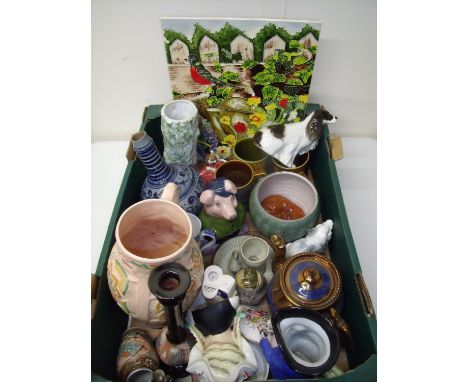 Selection of various decorative ceramics, a large ceramic tile, German style salt glaze vase, a seated Beswick fox (chip to e