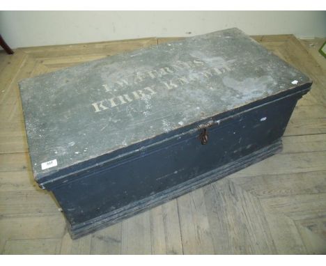 A vintage painted rectangular pine toolbox with hinged top and metal carrying handles with painted details for Kirby Knowles 
