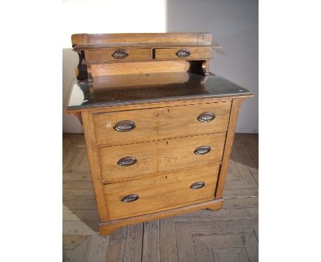 Early 20th C oak dressing chest with a two drawer raised shelf above three drawers (width 91cm) 