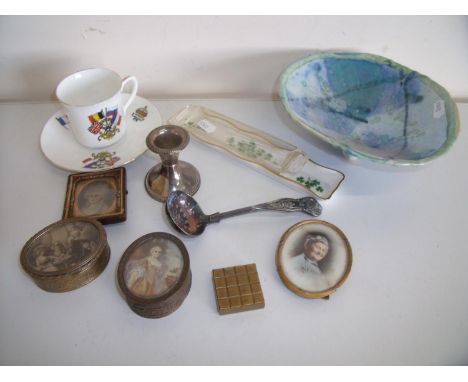 Two gilt metal table boxes with inset miniature prints, a gilt framed portrait, commemorative cup and saucer, Studioware etc.